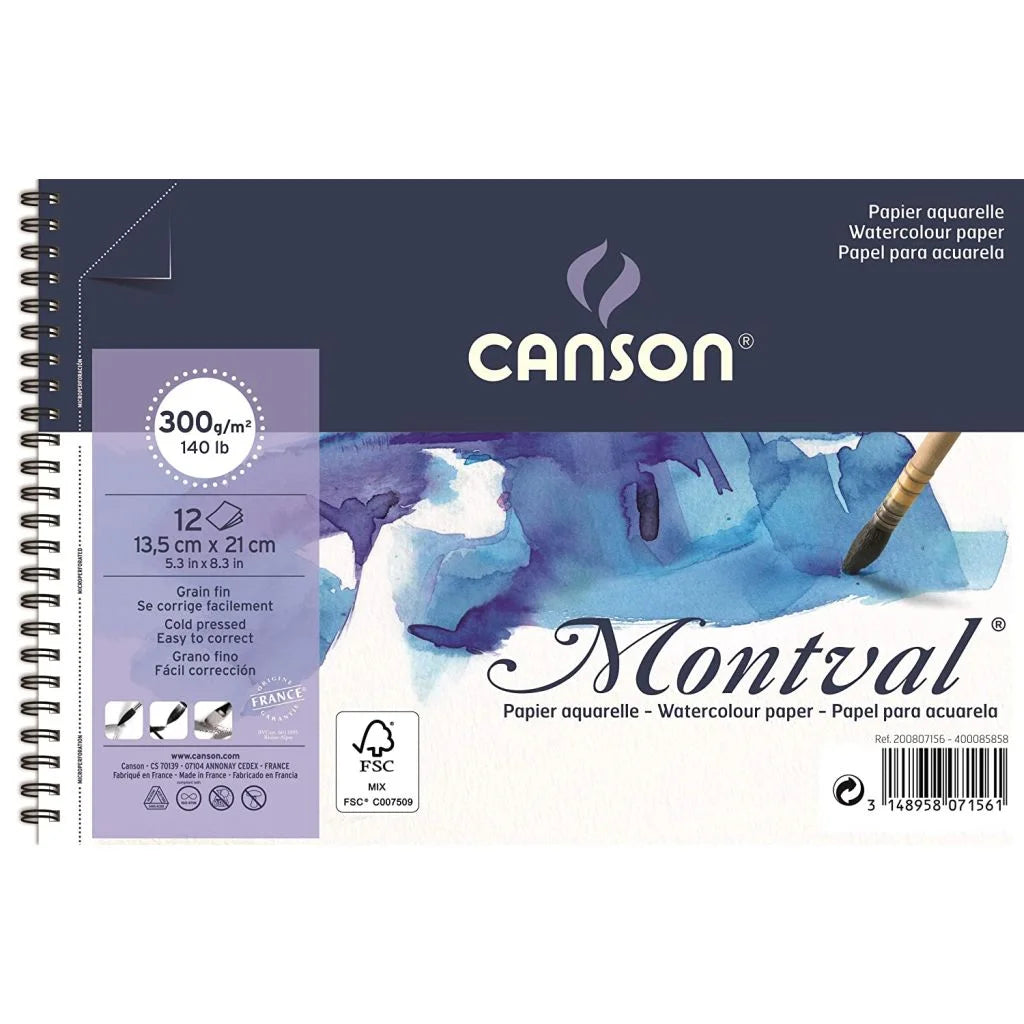 Canson Montval Watercolour Book Spiral 12 Sheets, 300 GSM, 14.8cm x 21cm