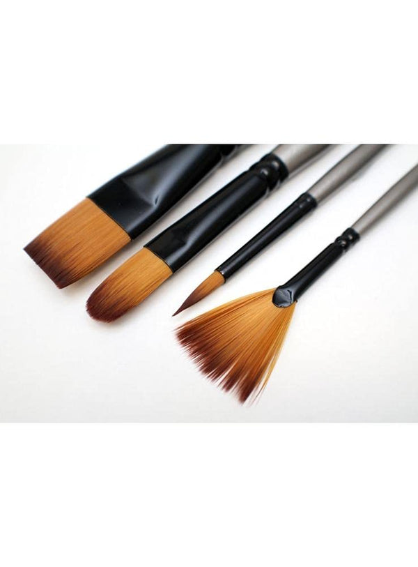 Mont Marte Mixed Brush Set of 4 Round 4,8, Flat 7, Fan 7 Suitable for Oil, Acrylic, Watercolour, Goauche, Poster Colours, Short Handle