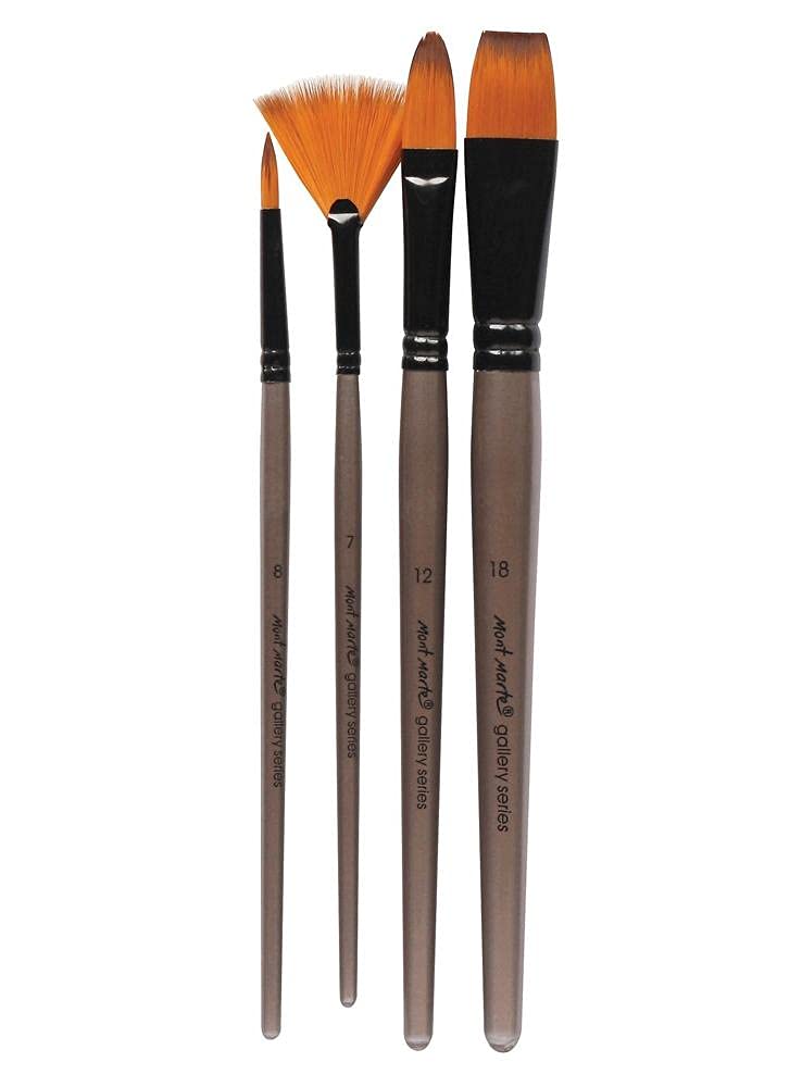Mont Marte Mixed Brush Set of 4 Round 4,8, Flat 7, Fan 7 Suitable for Oil, Acrylic, Watercolour, Goauche, Poster Colours, Short Handle
