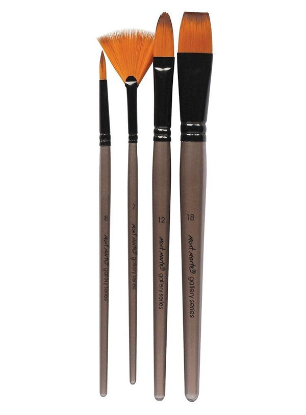 Mont Marte Mixed Brush Set of 4 Round 4,8, Flat 7, Fan 7 Suitable for Oil, Acrylic, Watercolour, Goauche, Poster Colours, Short Handle