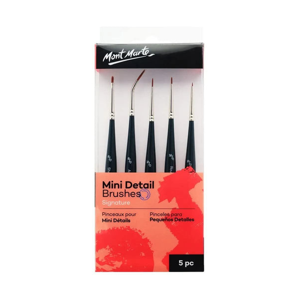 Mont Marte Detail Brush Set of 5, Sutable for Oil, Acrylic, Watercolour, Goauche, Poster Colours, Mini Handles