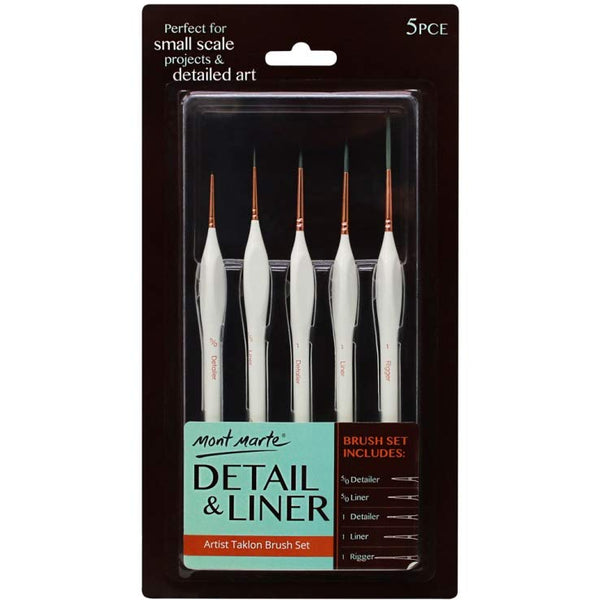 Mont Marte Detail Brush Set of 5 Suitable for Oil, Acrylic, Watercolour, Goauche, Poster Detail & Liners, Short Handle