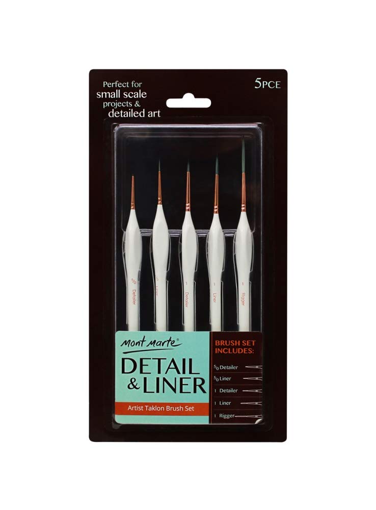 Mont Marte Detail Brush Set of 5 Suitable for Oil, Acrylic, Watercolour, Goauche, Poster Detail & Liners, Short Handle