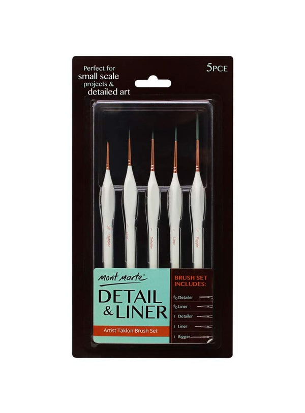 Mont Marte Detail Brush Set of 5 Suitable for Oil, Acrylic, Watercolour, Goauche, Poster Detail & Liners, Short Handle
