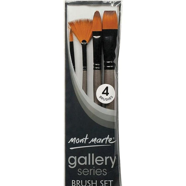 Mont Marte Mixed Brush Set of 4 Round 4,8, Flat 7, Fan 7 Suitable for Oil, Acrylic, Watercolour, Goauche, Poster Colours, Short Handle