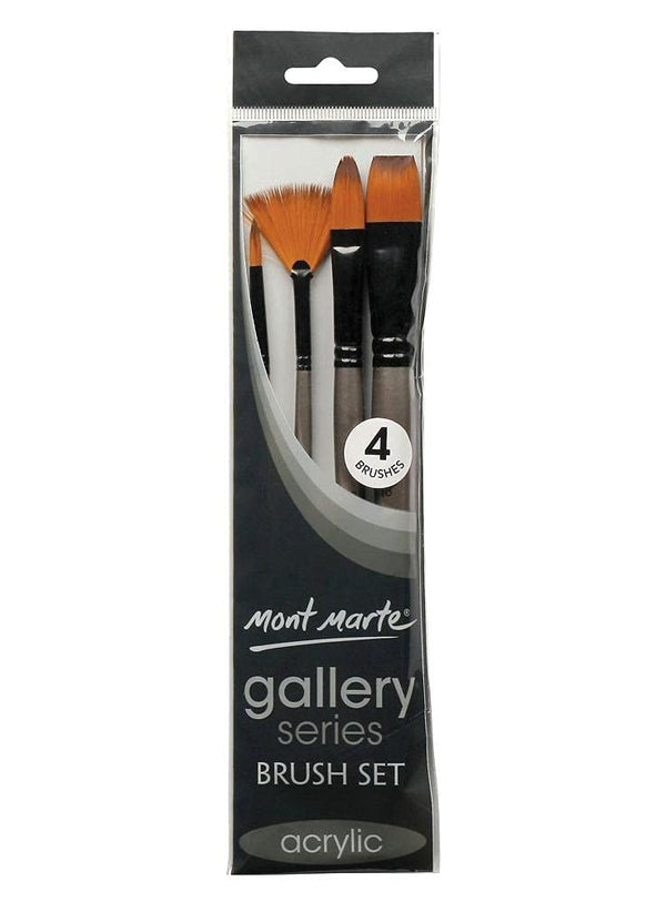Mont Marte Mixed Brush Set of 4 Round 4,8, Flat 7, Fan 7 Suitable for Oil, Acrylic, Watercolour, Goauche, Poster Colours, Short Handle