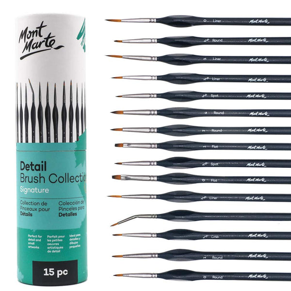 Mont Marte Detail Brush Set of 15 Suitable for Oil, Acrylic, Watercolour, Goauche, Poster 15 pcs, Short Handle