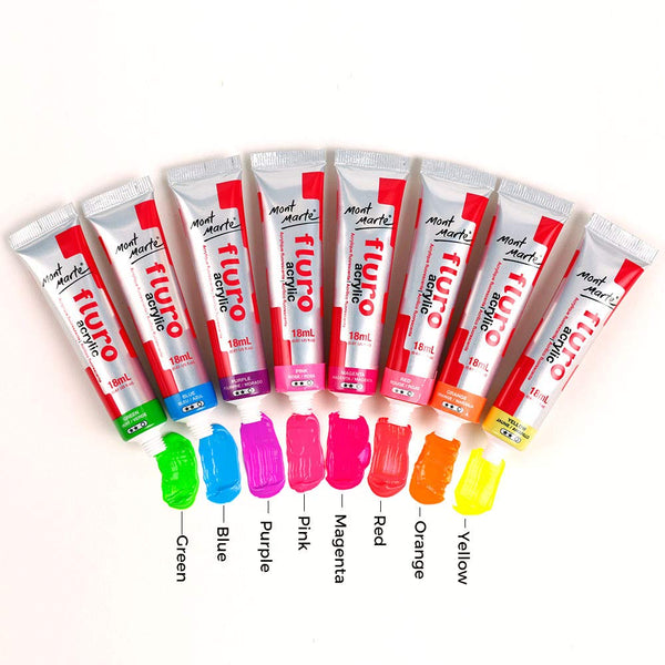 Mont Marte Acrylic Paint Set Fluorescent Colour 8 Shades 18ml each