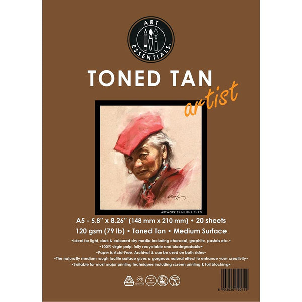 Art Essentials Toned Tan Loose Sheets Pack A5, 120 GSM, 20 Sheets