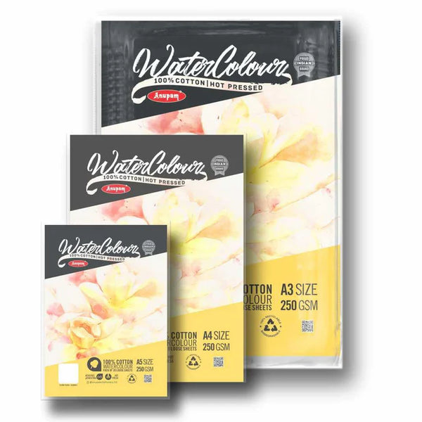 Anupam 100% Cotton WaterColor Sheet HotPress 250G A4 10 Sheets
