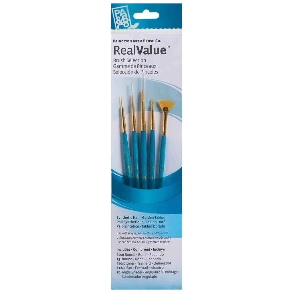 Princeton Mixed Brush Set of 5 Round 000, 3; Liner 20/0; Fan 12/0; Angle Shader 0 Suitable for Oil, Acrylic, Watercolour, Goauche, Poster Colours, Short Handle