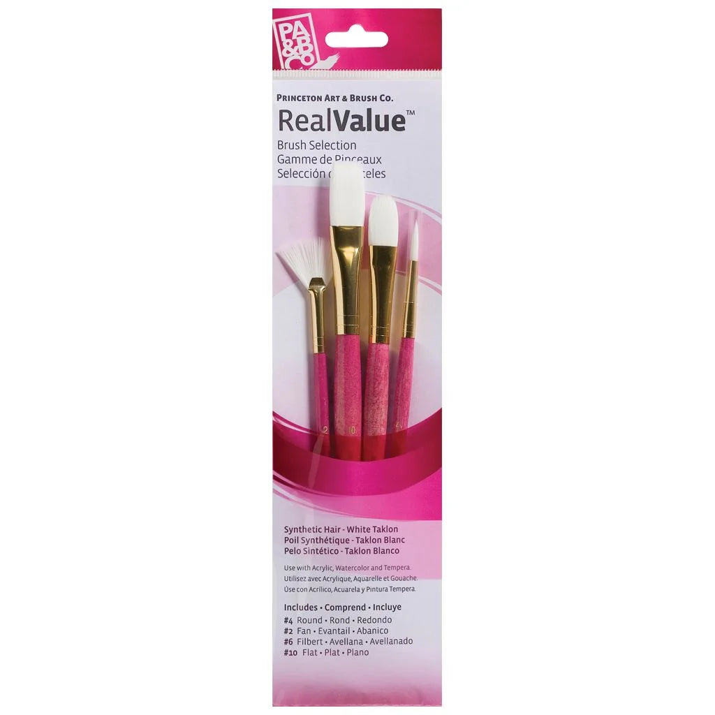 Princeton Mixed Brush Set of 4 Round 4; Fan2; Filbert 6; Flat 10 Suitable for Oil, Acrylic, Watercolour, Goauche, Poster Colours, Short Handle