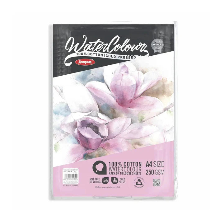 Anupam 100% Cotton WaterColor Sheet ColdPress 250G A4 10 Sheet