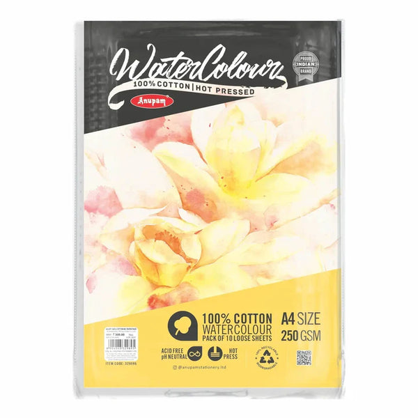 Anupam 100% Cotton WaterColor Sheet HotPress 250G A4 10 Sheets