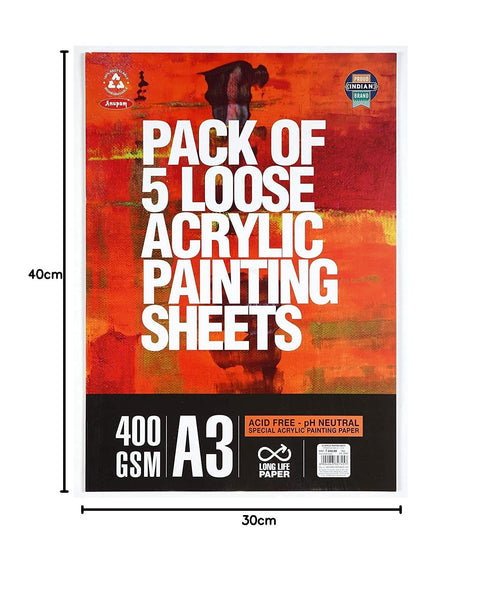 Anupam Acrylic Painting Sheets Loose Sheet Pack A3, 400 GSM, 5 Sheets