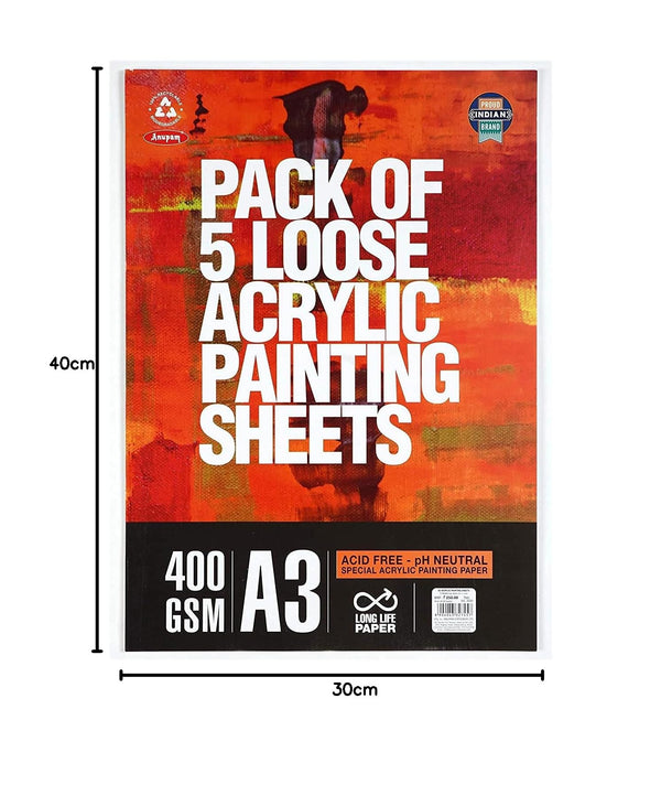 Anupam Acrylic Painting Sheets Loose Sheet Pack A3, 400 GSM, 5 Sheets