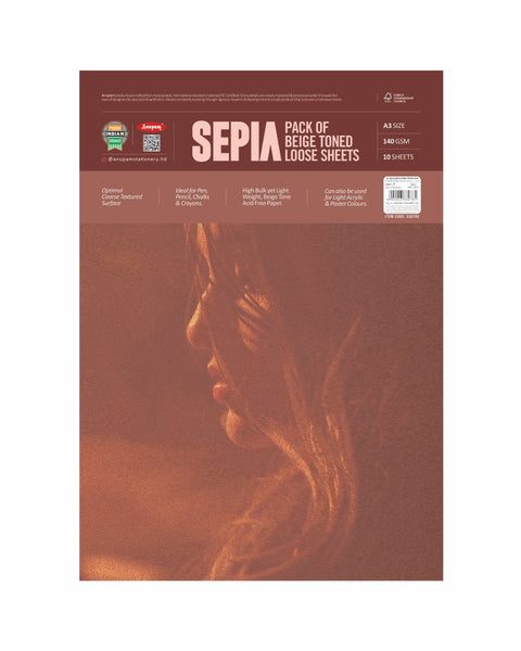 Anupam Sketching Papers Sepia Loose Sheet Pack A3, 140 GSM 10 Sheets