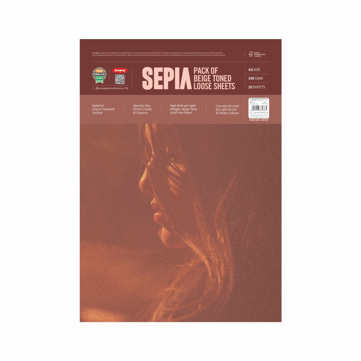Anupam Sketching Papers Sepia Loose Sheet Pack A3, 140 GSM 10 Sheets