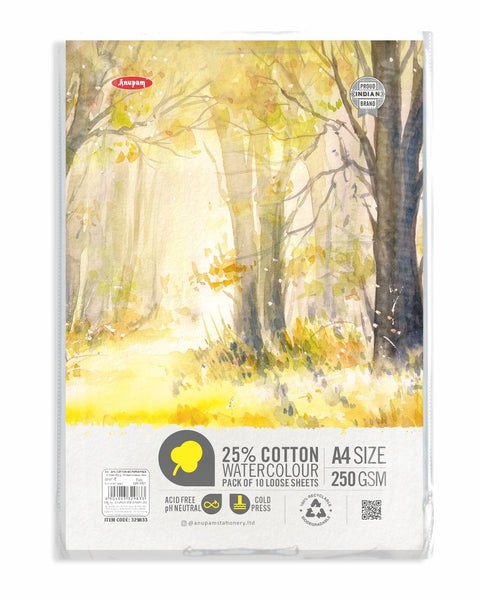 Anupam Watercolour Sheets A4, 10 sheets, 25% cotton, 250 GSM