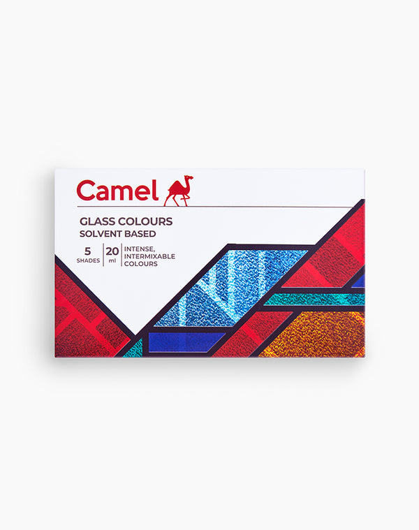 Camel Glass Colours Assorted pack of 5 shades in 20 ml with Medium and Liner, Solvent based