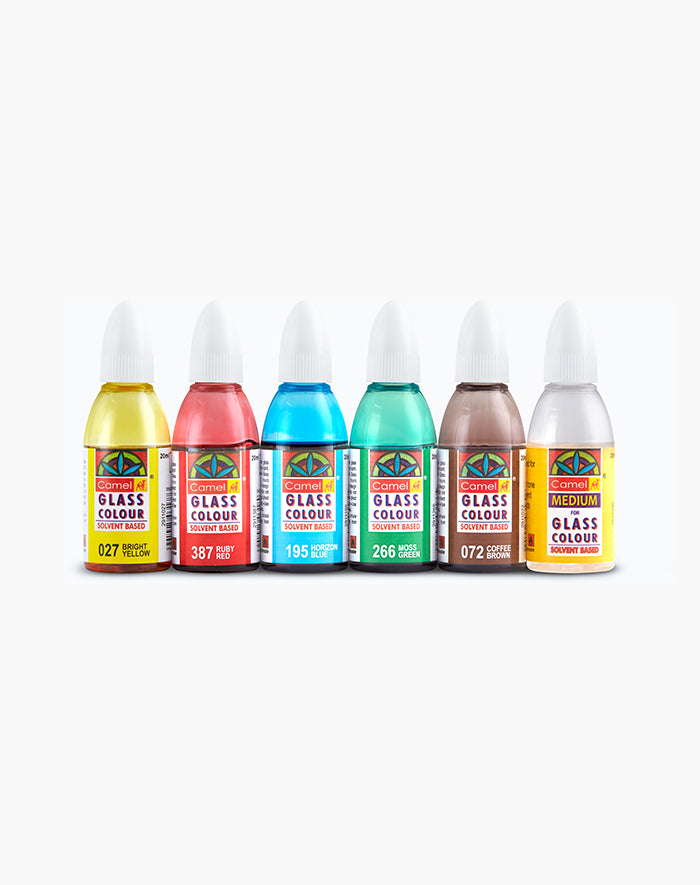 Camel Glass Colours Assorted pack of 5 shades in 20 ml with Medium and Liner, Solvent based