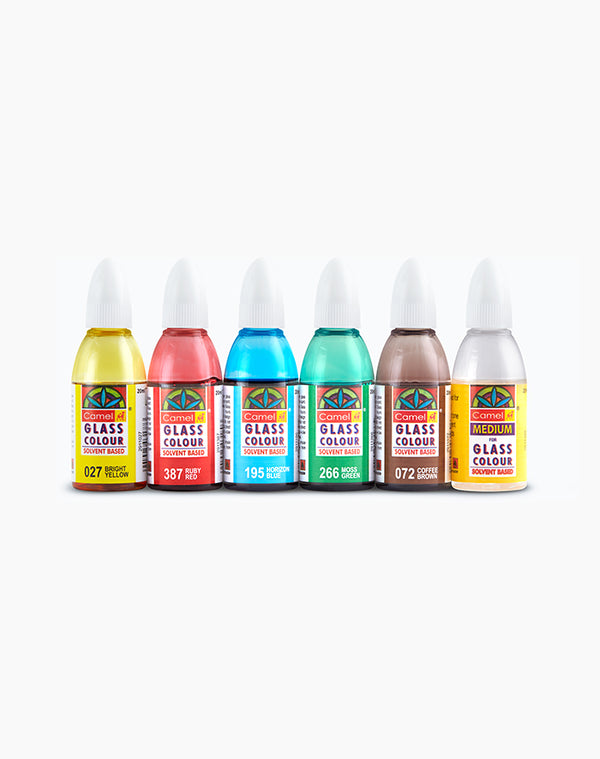Camel Glass Colours Assorted pack of 5 shades in 20 ml with Medium and Liner, Solvent based
