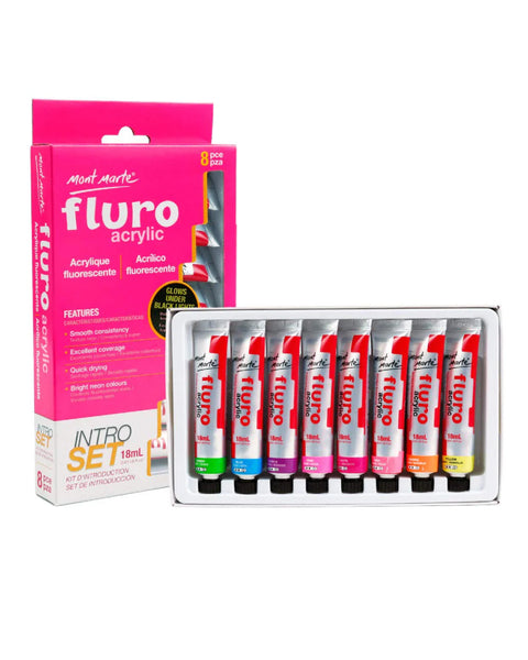 Mont Marte Acrylic Paint Set Fluorescent Colour 8 Shades 18ml each