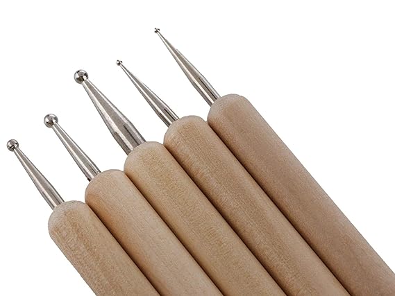 Wooden Dotting Tool Set of 5, Double Ended Steel Ball Stylus